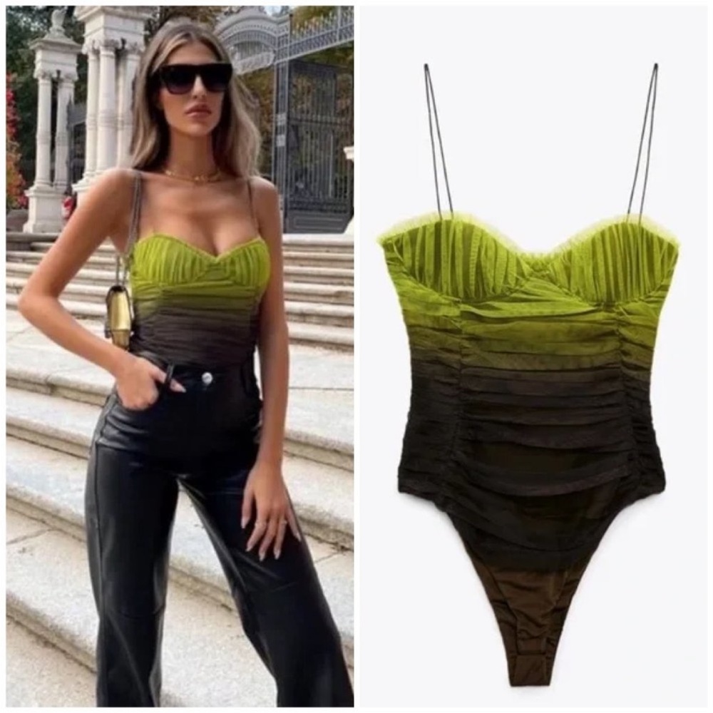 Zara Lime-to-Black Ombre Ruched Spaghetti-Strap Bodysuit